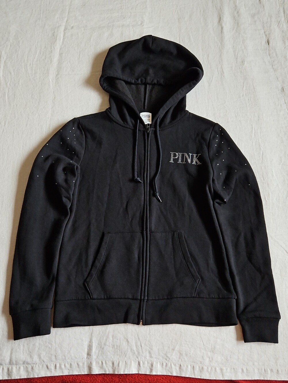 PINK Victoria's Secret Black Rhinestone Logo Everyday Zip-Up Hoodie Fleece Sz XS - Picture 11 of 14